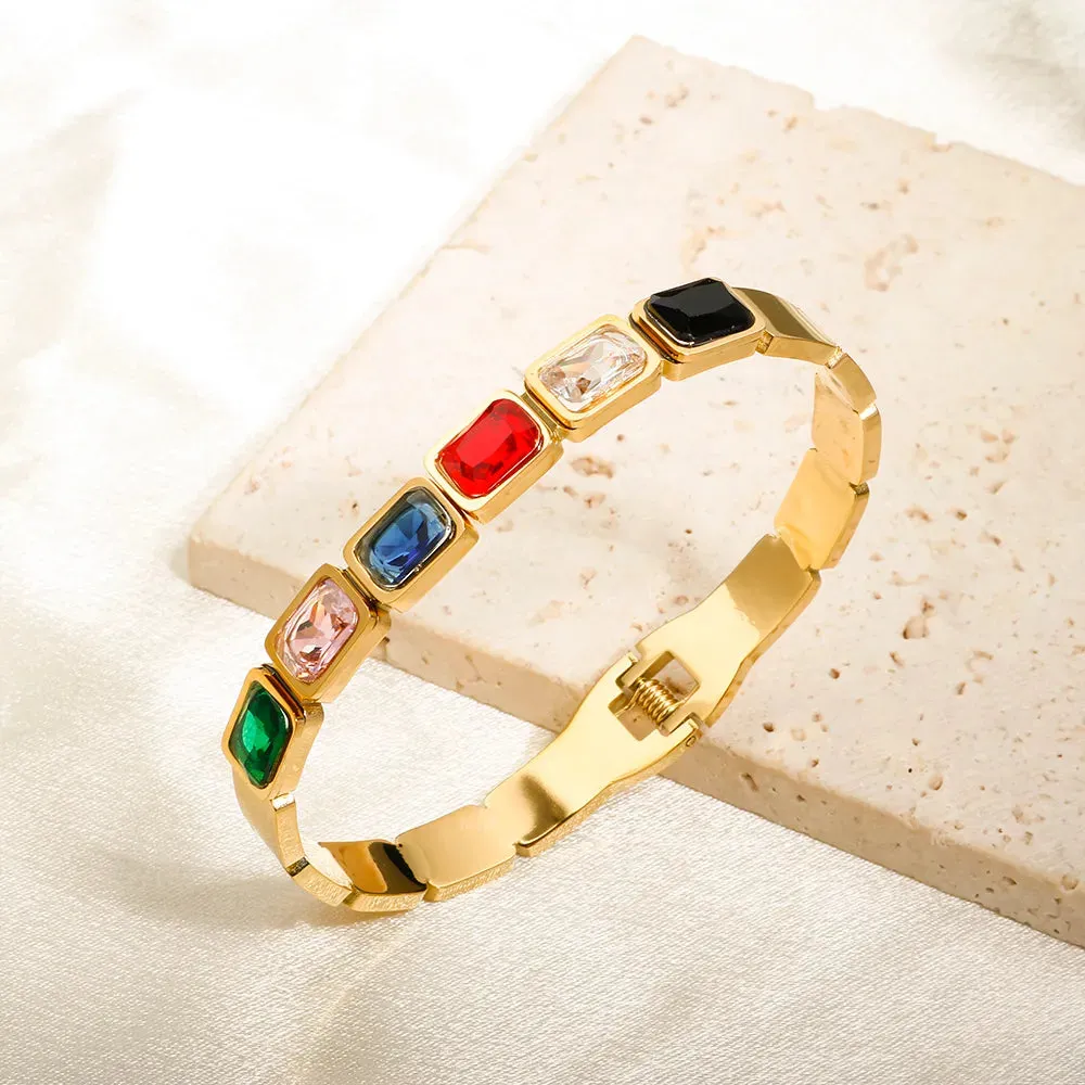 Gold Plated Square Zircon Cuff Bracelet - Stainless Steel Spring Bangle for Women - Geometric Fashion Jewelry in Gold Color