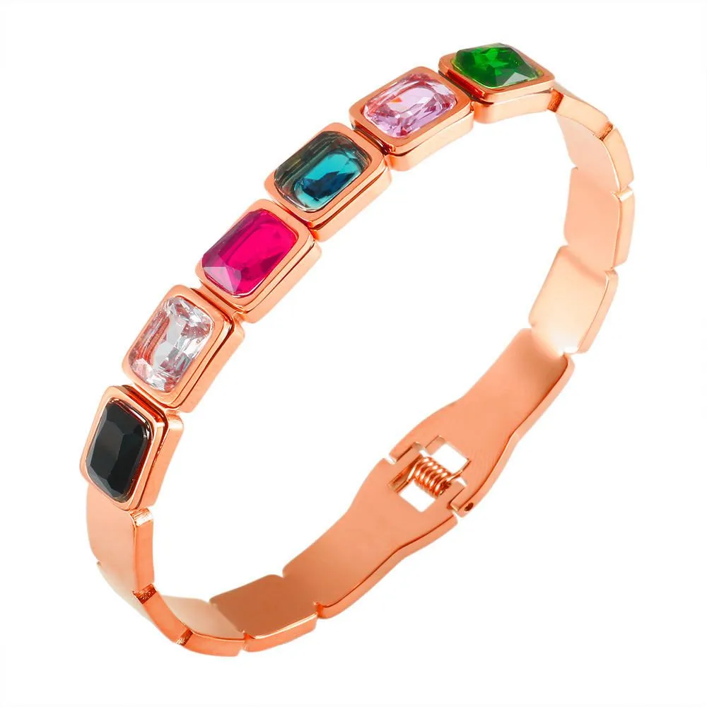 Gold Plated Square Zircon Cuff Bracelet - Stainless Steel Spring Bangle for Women - Geometric Fashion Jewelry in Gold Color