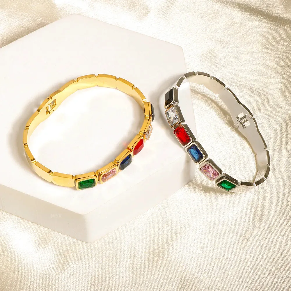 Gold Plated Square Zircon Cuff Bracelet - Stainless Steel Spring Bangle for Women - Geometric Fashion Jewelry in Gold Color