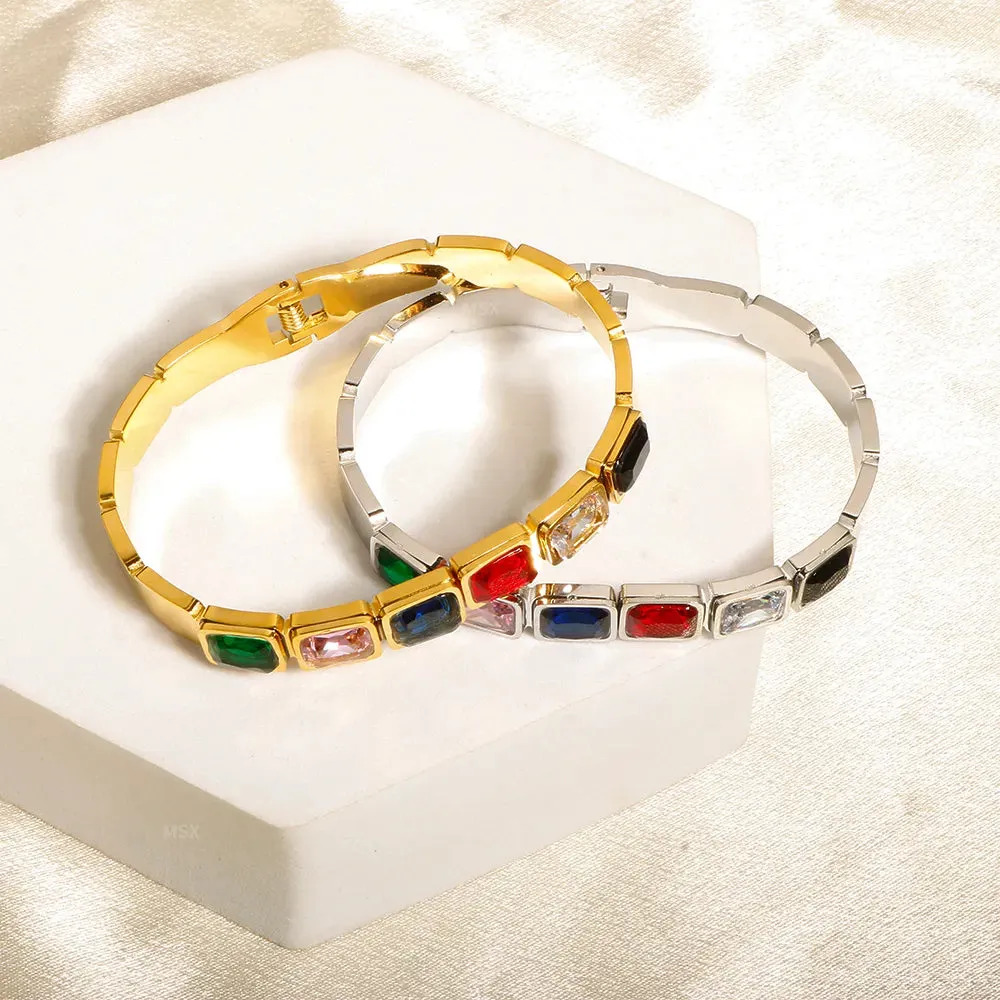 Gold Plated Square Zircon Cuff Bracelet - Stainless Steel Spring Bangle for Women - Geometric Fashion Jewelry in Gold Color