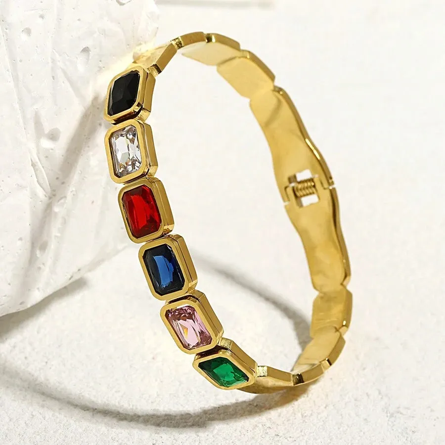 Gold Plated Square Zircon Cuff Bracelet - Stainless Steel Spring Bangle for Women - Geometric Fashion Jewelry in Gold Color