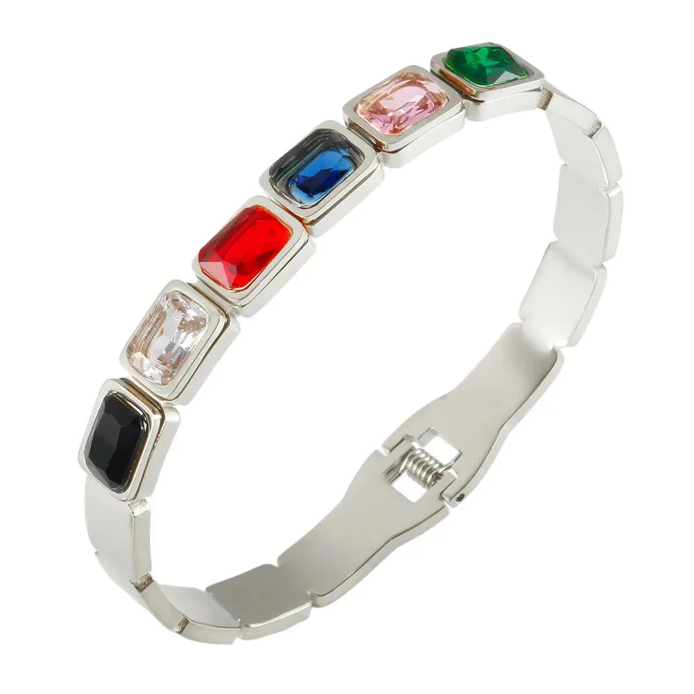 Gold Plated Square Zircon Cuff Bracelet - Stainless Steel Spring Bangle for Women - Geometric Fashion Jewelry in Gold Color