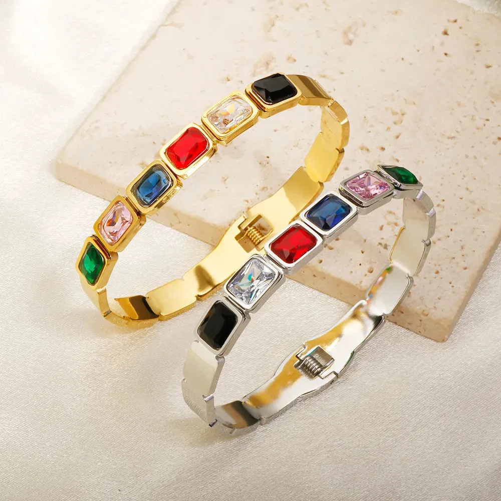 Gold Plated Square Zircon Cuff Bracelet - Stainless Steel Spring Bangle for Women - Geometric Fashion Jewelry in Gold Color