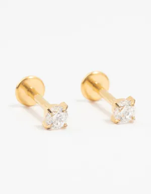 Gold Plated Titanium Cubic Zirconia Stud Flat Backs 2-Pack