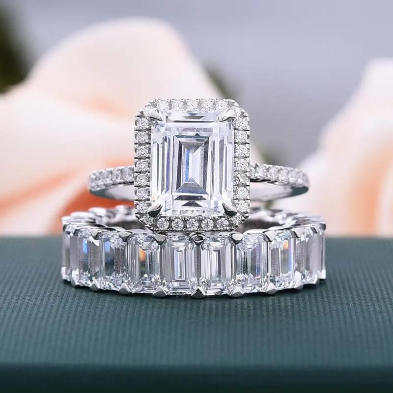Halo Emerald Cut Ring & Diamond Wedding Band Set