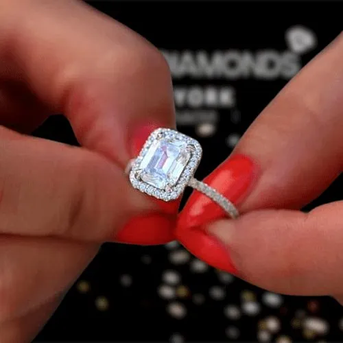 Halo Emerald Cut Ring & Diamond Wedding Band Set