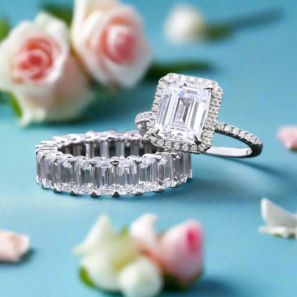 Halo Emerald Cut Ring & Diamond Wedding Band Set