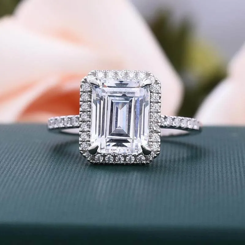Halo Emerald Cut Ring & Diamond Wedding Band Set