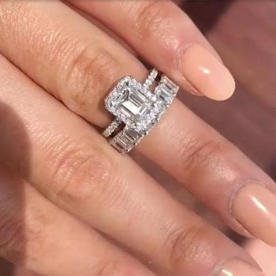 Halo Emerald Cut Ring & Diamond Wedding Band Set