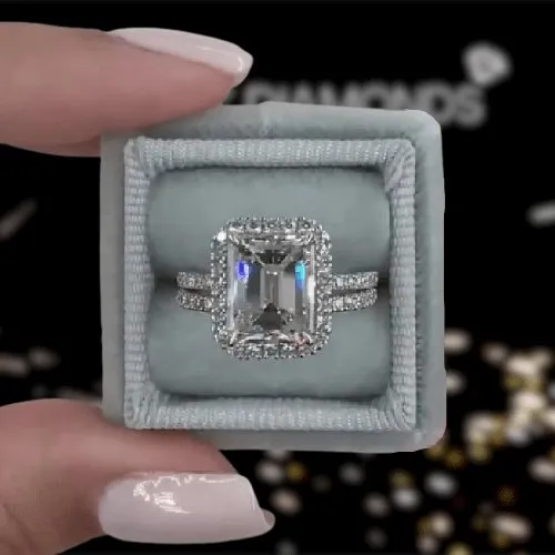 Halo Emerald Cut Simulated Diamonds Wedding Ring Set