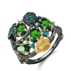 Handmade Chrome Diopside Gemstone Gold Bee on Branch Rings