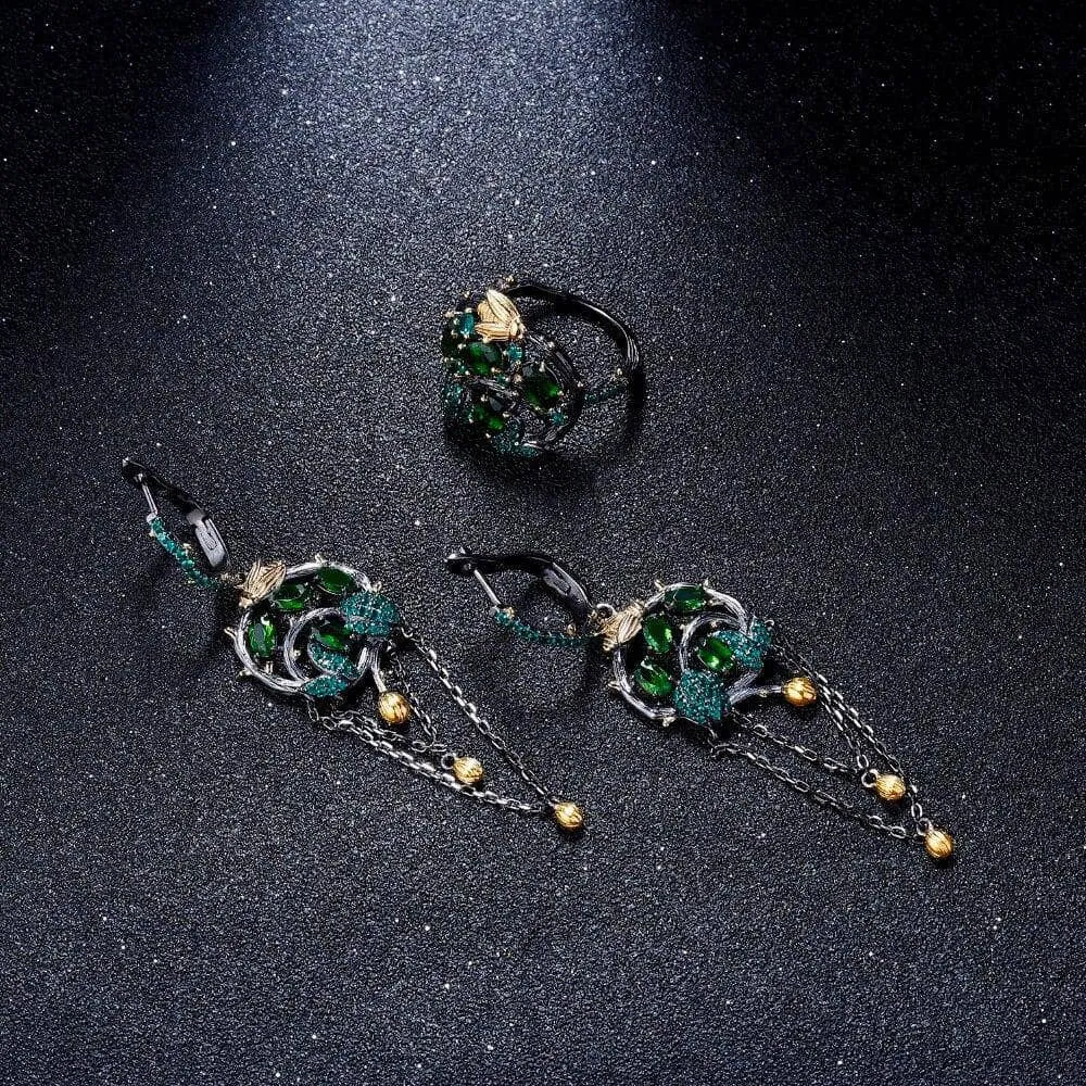 Handmade Chrome Diopside Gemstone Gold Bee on Branch Rings