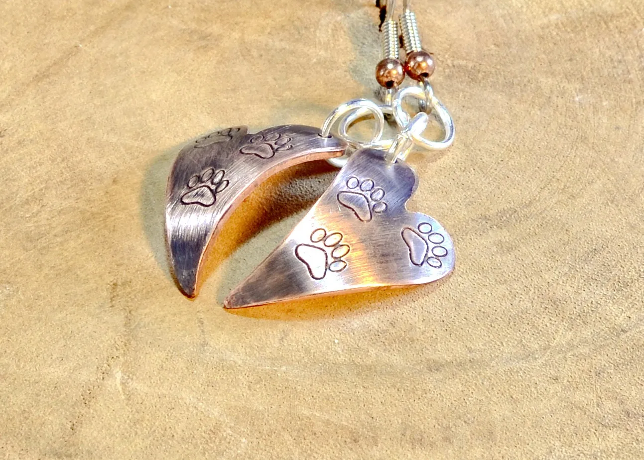 Heart Shaped Copper Dangle Earrings with Paw Design and Patina on Copper