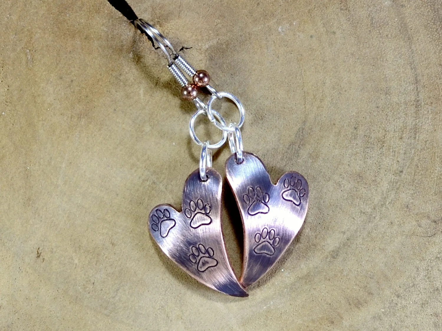 Heart Shaped Copper Dangle Earrings with Paw Design and Patina on Copper