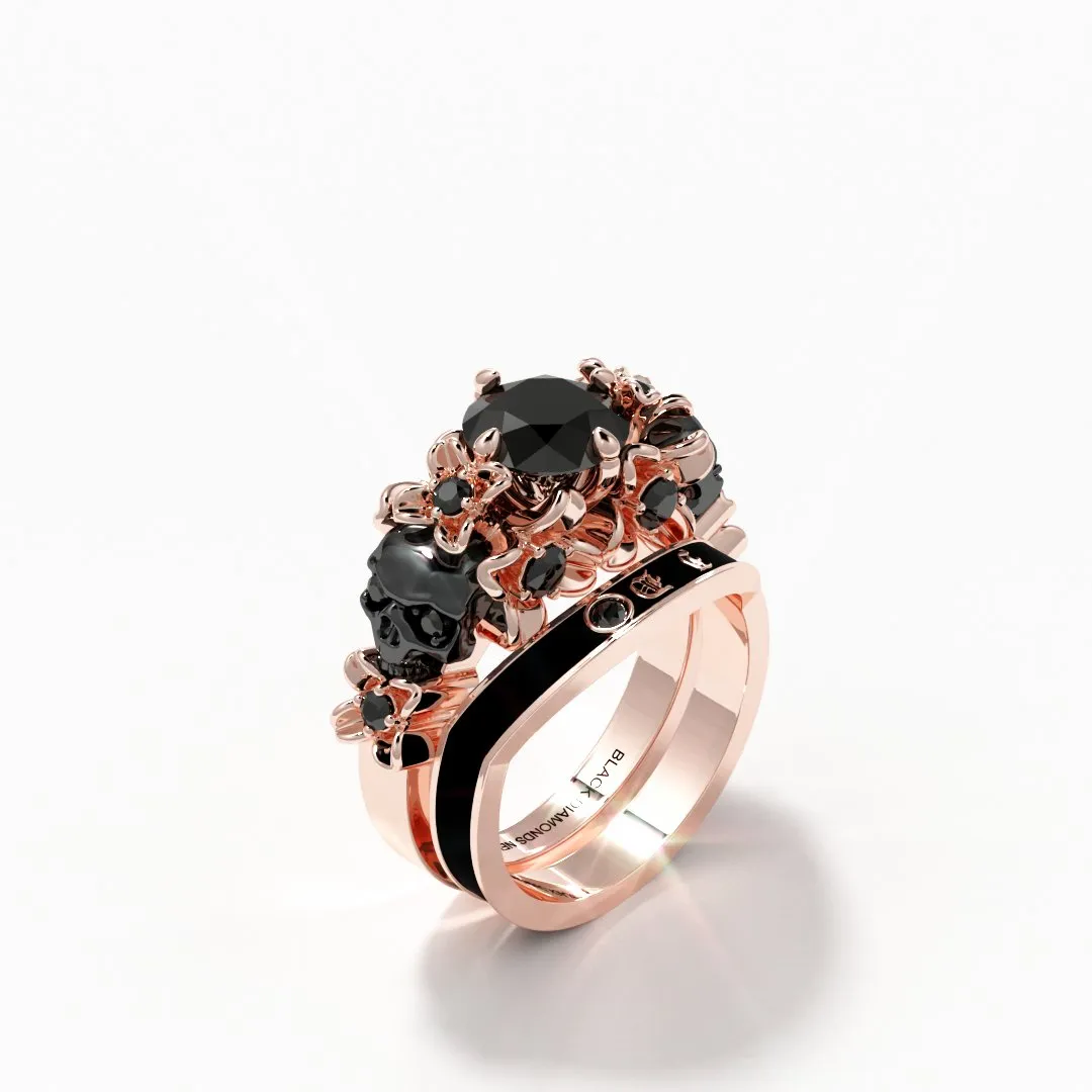 I Do Wedding Rings - 1.5 Ct Round Cut Diamond Skull Wedding Rings in 14K White Gold and Black Enamel