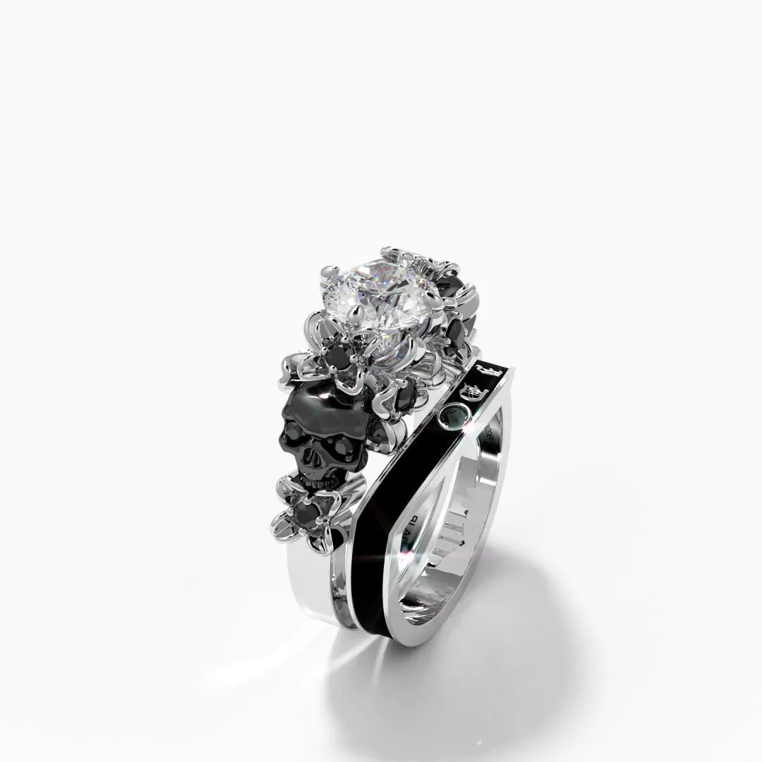 I Do Wedding Rings - 1.5 Ct Round Cut Diamond Skull Wedding Rings in 14K White Gold and Black Enamel