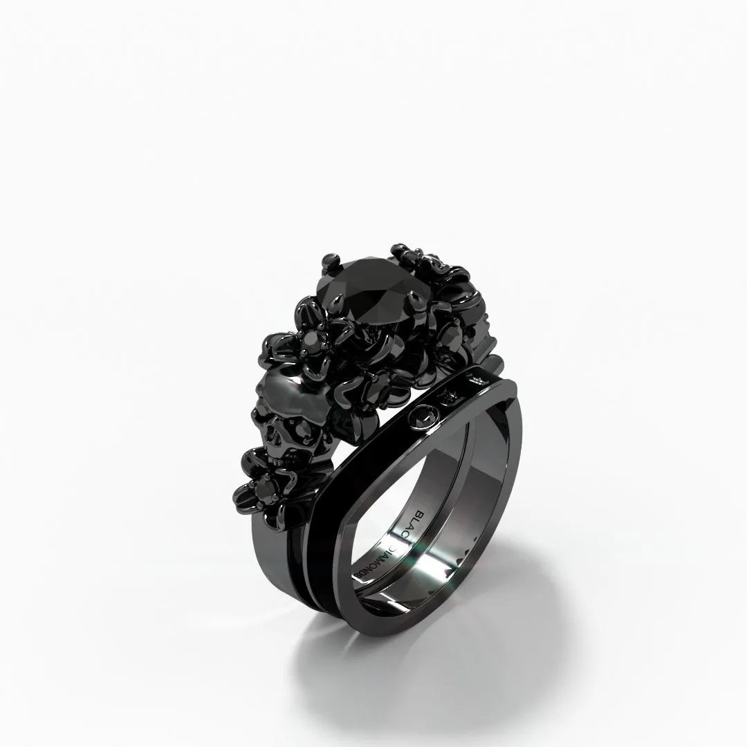 I Do Wedding Rings - 1.5 Ct Round Cut Diamond Skull Wedding Rings in 14K White Gold and Black Enamel