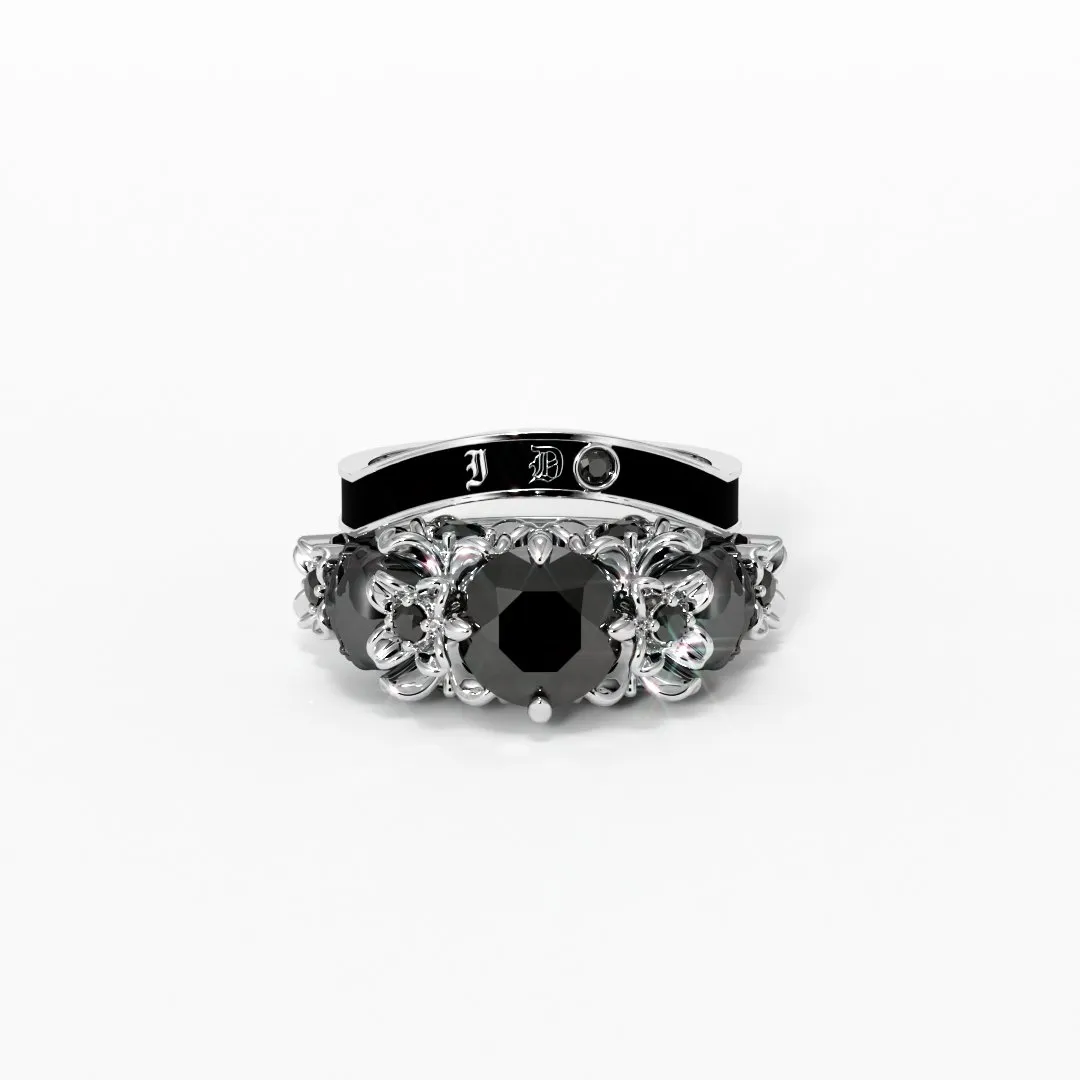 I Do Wedding Rings - 1.5 Ct Round Cut Diamond Skull Wedding Rings in 14K White Gold and Black Enamel