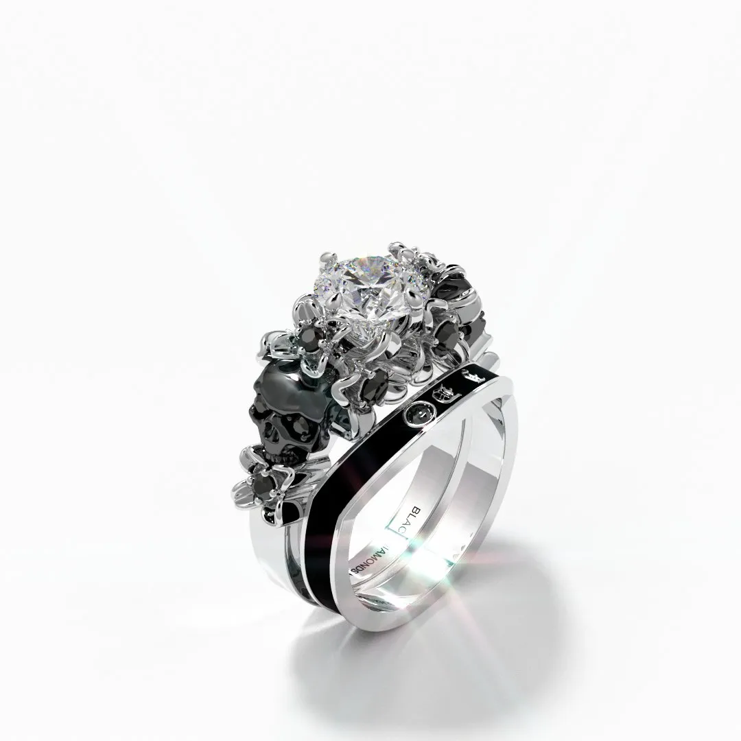 I Do Wedding Rings - 1.5 Ct Round Cut Diamond Skull Wedding Rings in 14K White Gold and Black Enamel