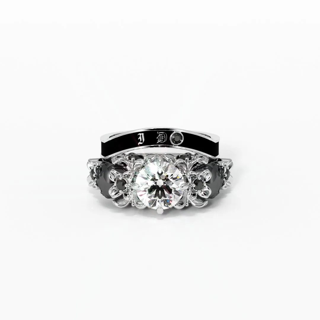 I Do Wedding Rings - 1.5 Ct Round Cut Diamond Skull Wedding Rings in 14K White Gold and Black Enamel