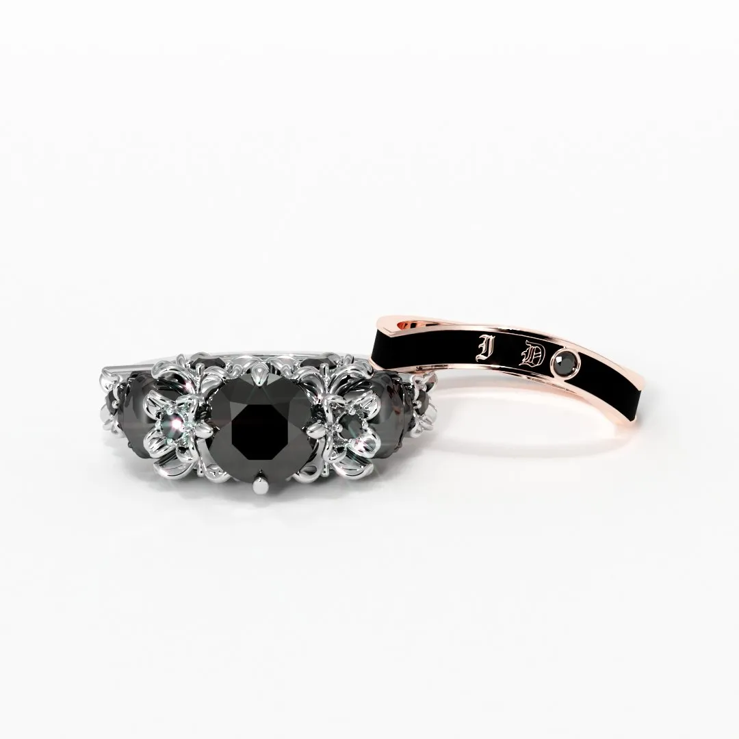 I Do Wedding Rings - 1.5 Ct Round Cut Diamond Skull Wedding Rings in 14K White Gold and Black Enamel