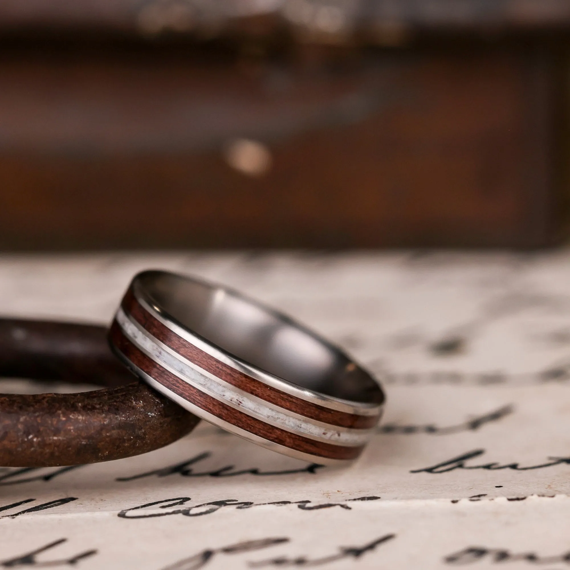 (In-Stock) The Stag | Men's Titanium Wedding Band with Walnut Wood & Elk Antler - Size 9.75 | 6mm Wide