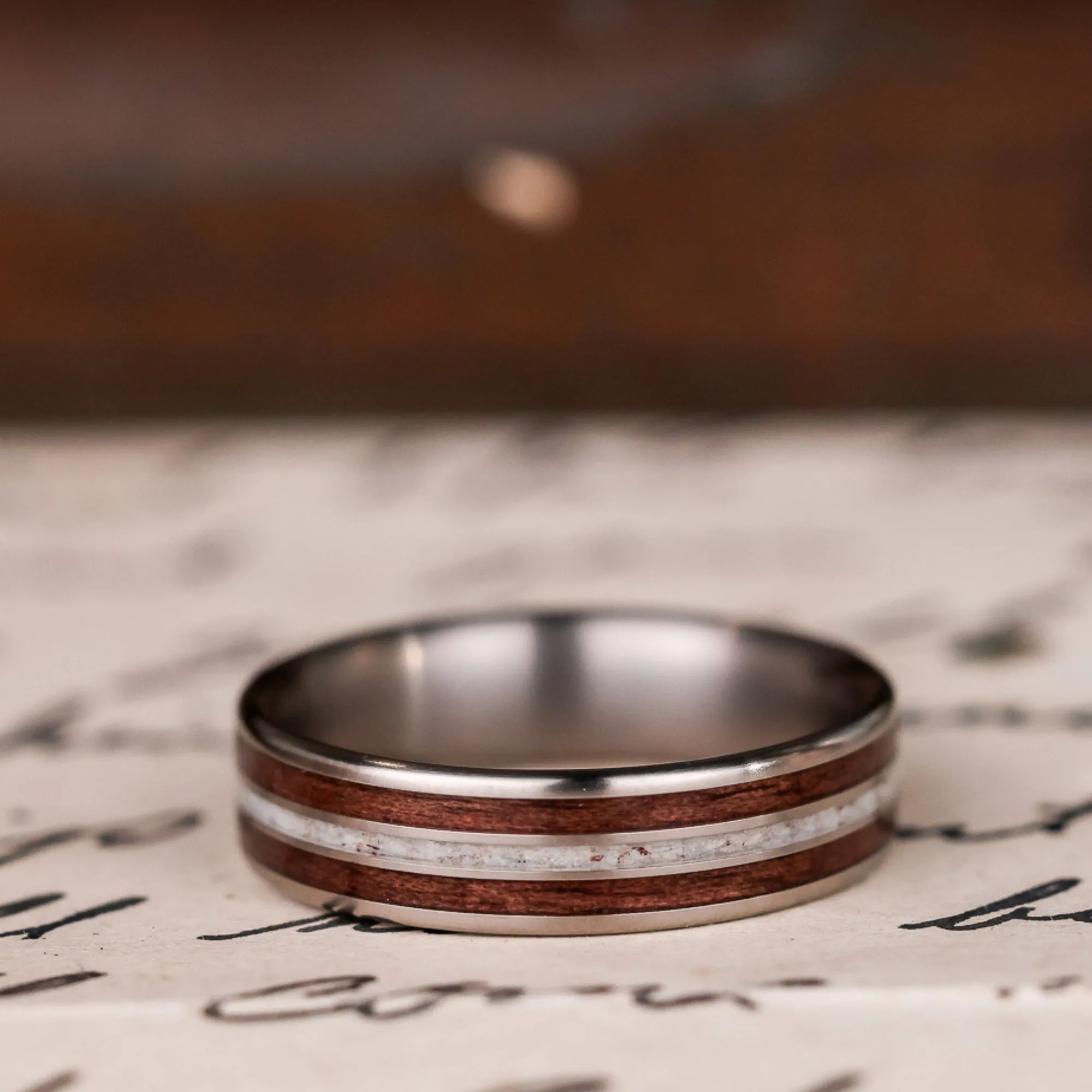 (In-Stock) The Stag | Men's Titanium Wedding Band with Walnut Wood & Elk Antler - Size 9.75 | 6mm Wide