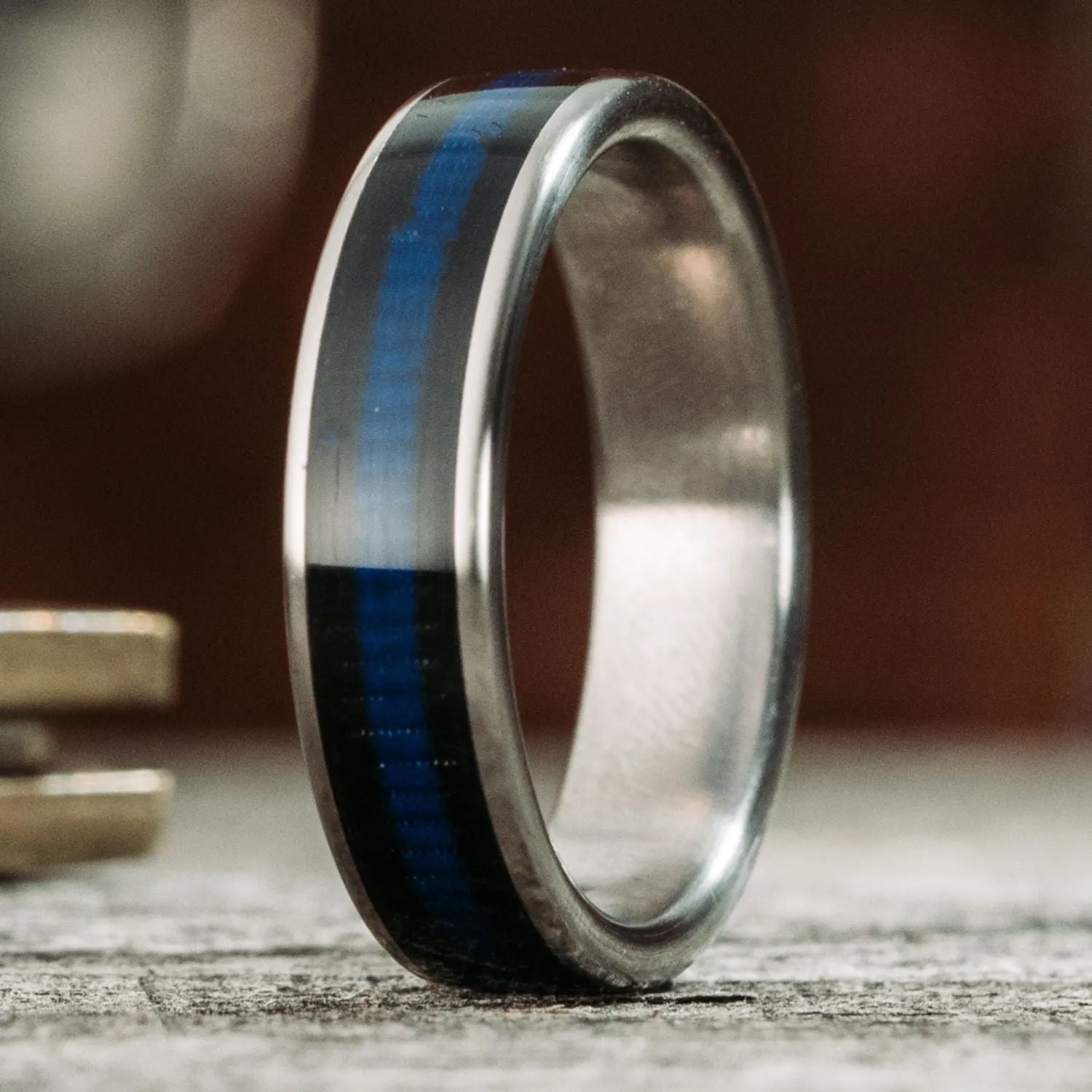 (In-Stock) The Tribute | Men's Titanium Wedding Band with Blue Line & Black Ribbon - Size 11 | 6mm