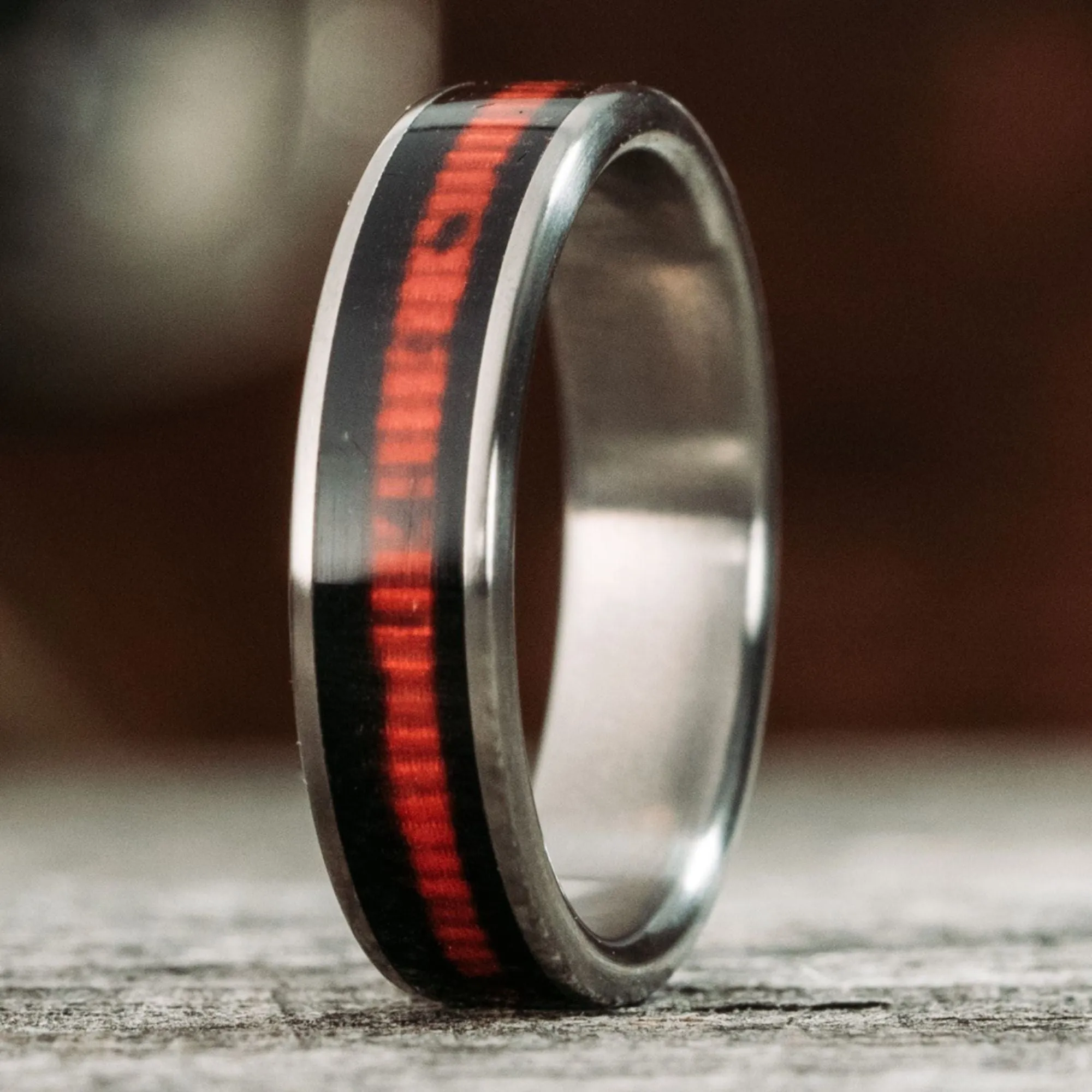 (In-Stock) The Tribute | Men's Titanium Wedding Band with Red Line & Black Ribbon - Size 11 | 6mm