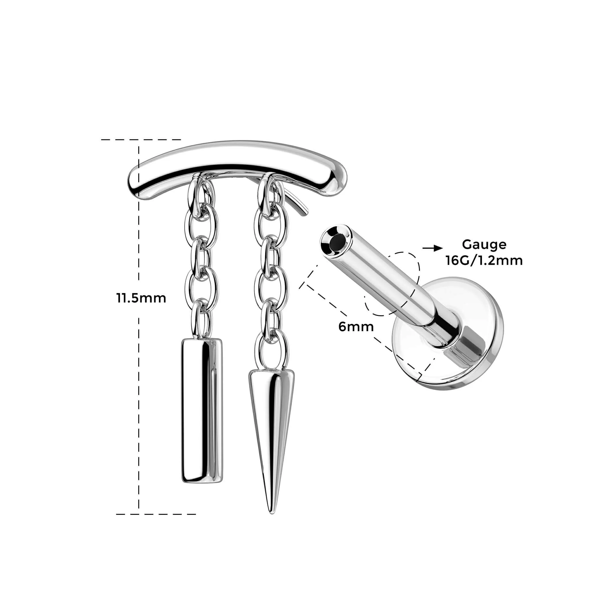 Internally Threaded Spike & Stick Chain Dangle Cartilage Stud