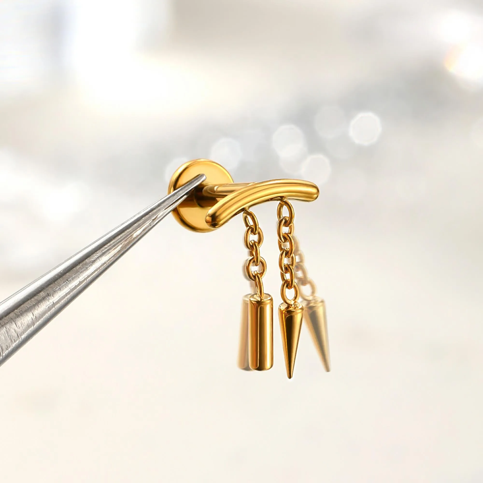 Internally Threaded Spike & Stick Chain Dangle Cartilage Stud