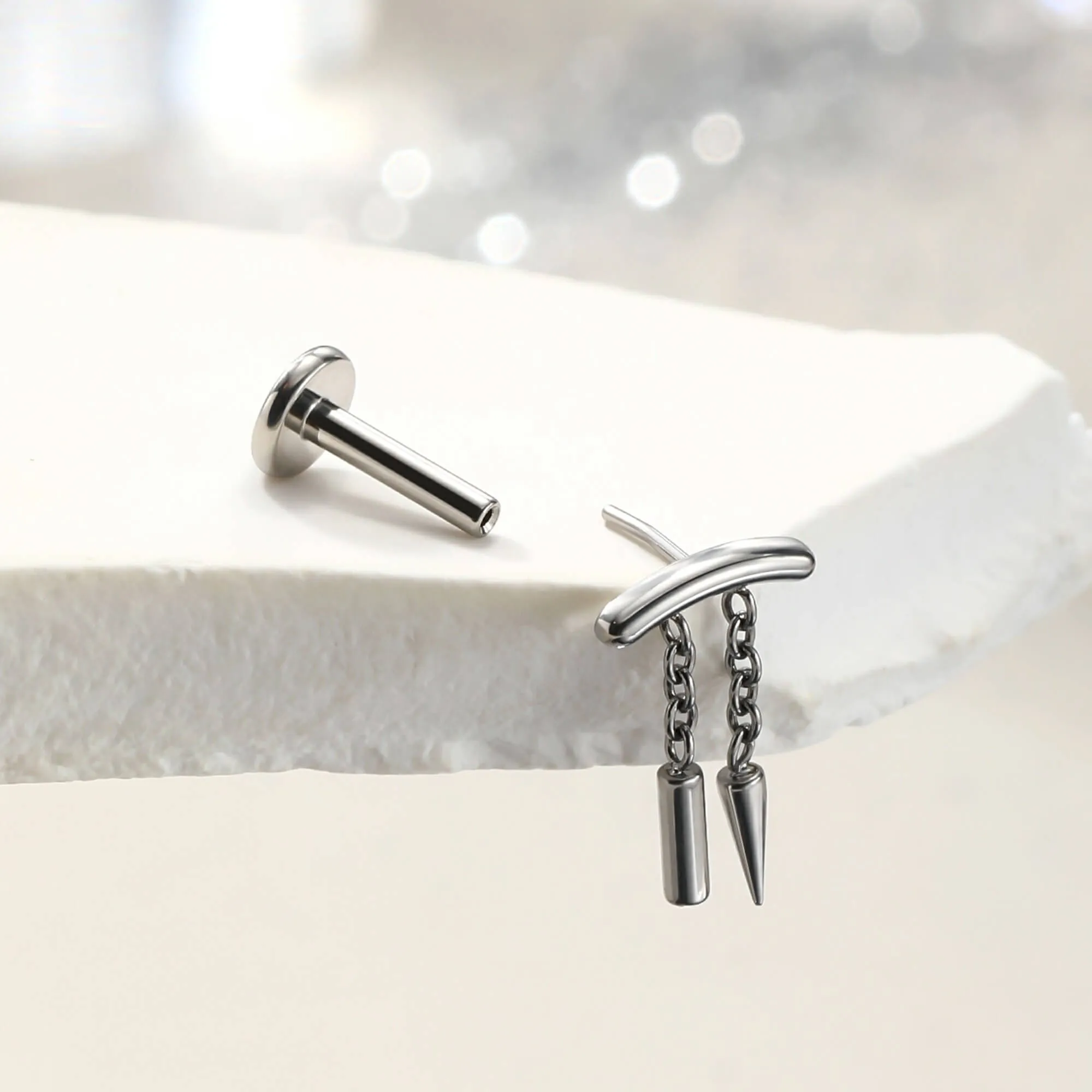Internally Threaded Spike & Stick Chain Dangle Cartilage Stud