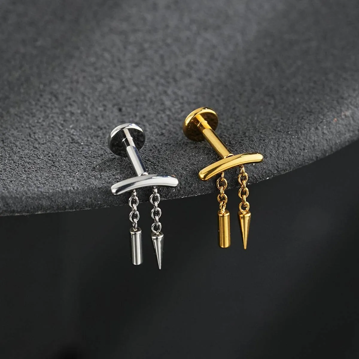 Internally Threaded Spike & Stick Chain Dangle Cartilage Stud