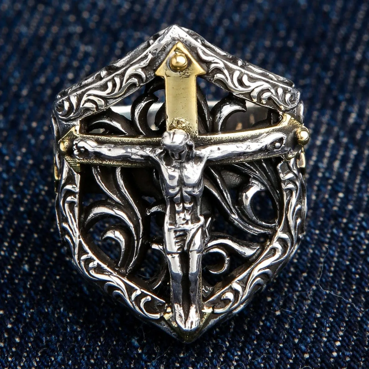 Jesus Crucifix Sterling Silver Biker Ring
