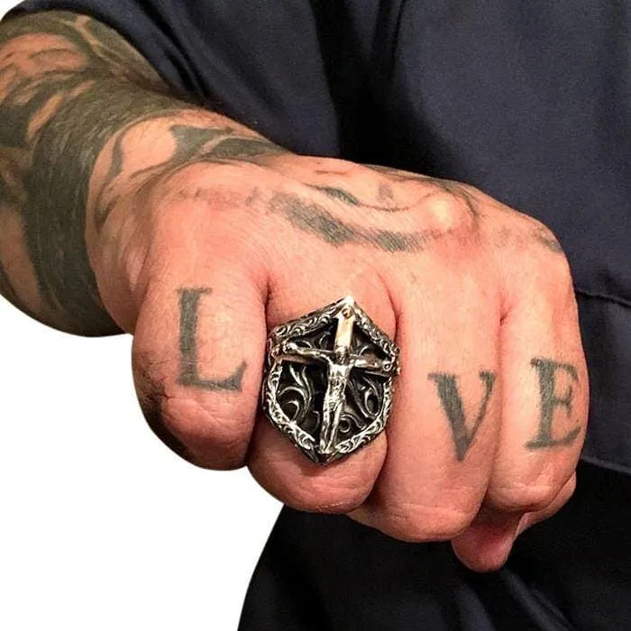 Jesus Crucifix Sterling Silver Biker Ring