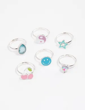 Kids Silver Smiley Star Ring 6-Pack