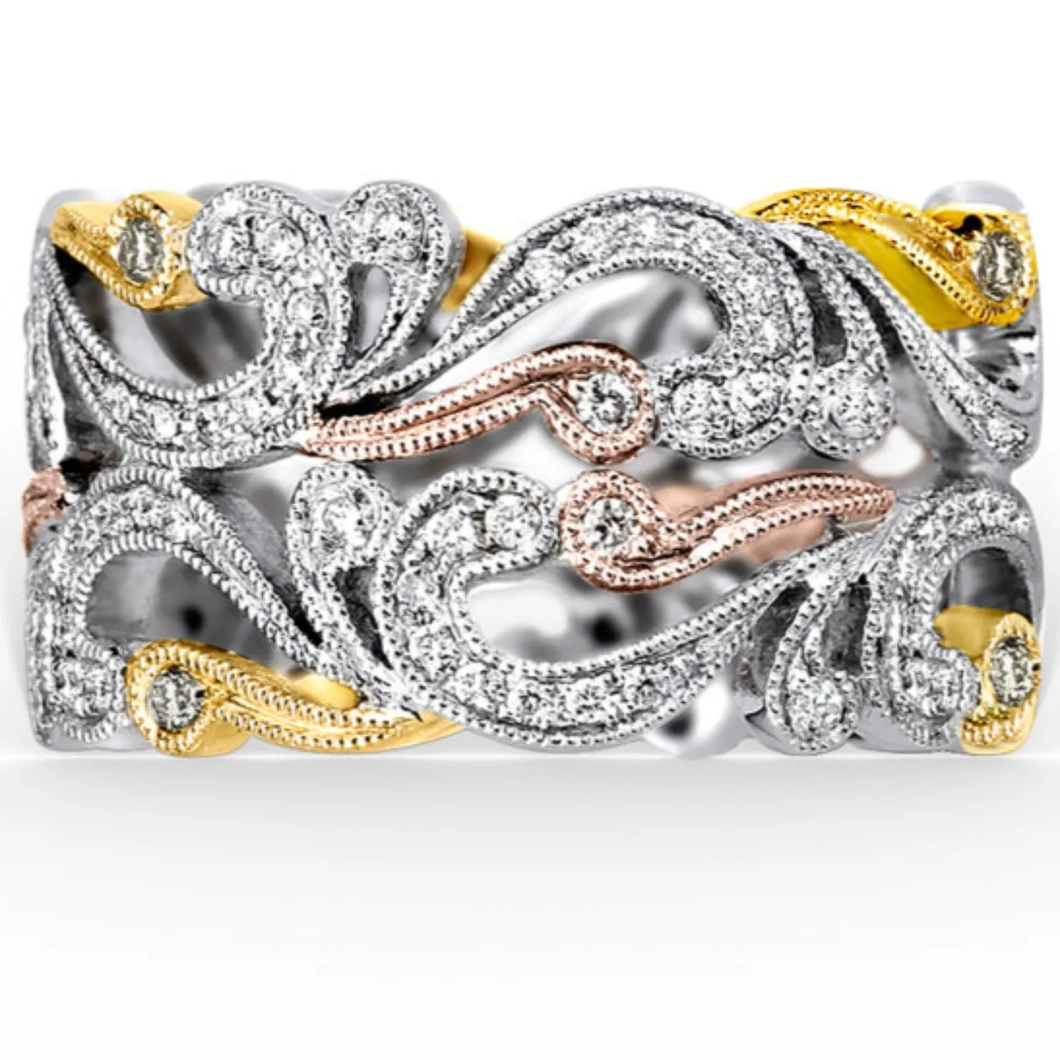 Kirk Kara "Angelique" Tri-Color Scrollwork Filigree Diamond Anniversary Ring