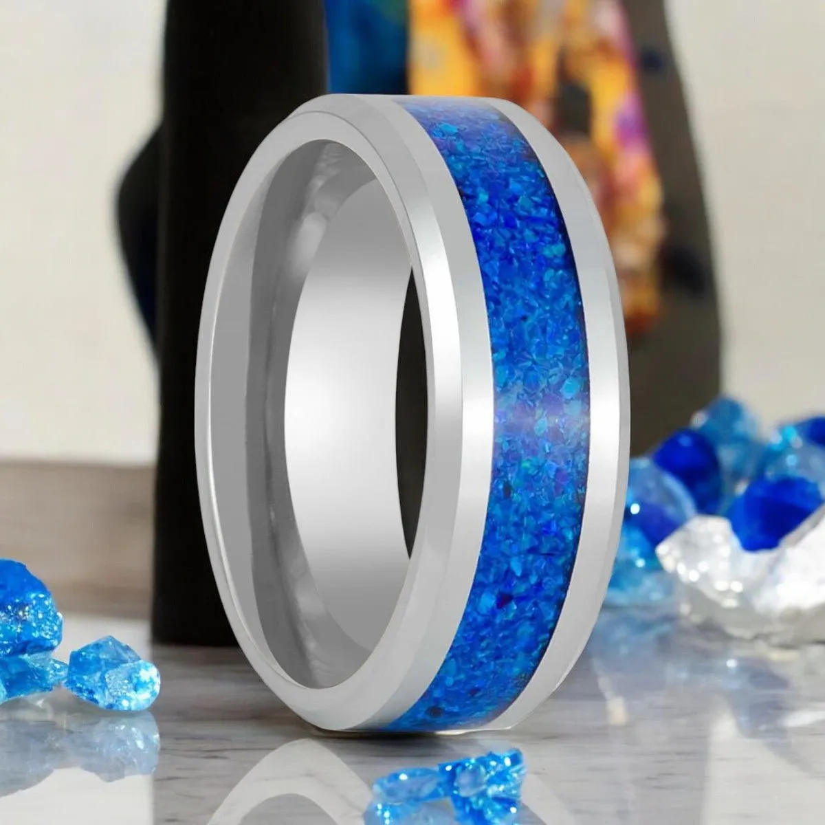 LUNARA | Silver Tungsten Ring, Sleepy Lavender Opal Inlay, Beveled