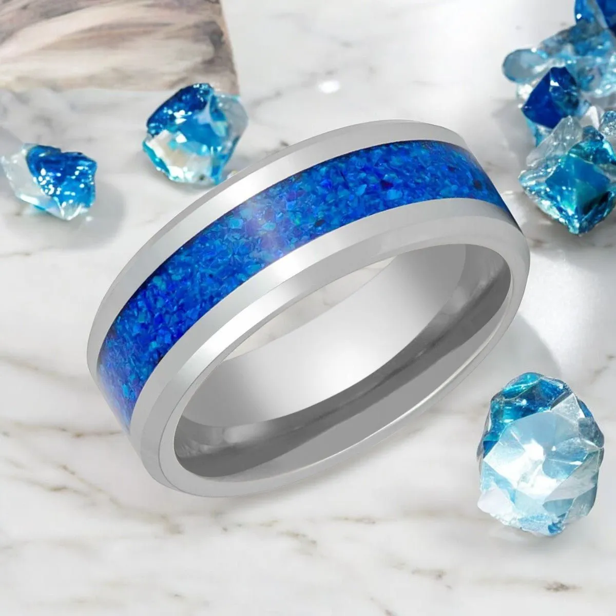 LUNARA | Silver Tungsten Ring, Sleepy Lavender Opal Inlay, Beveled