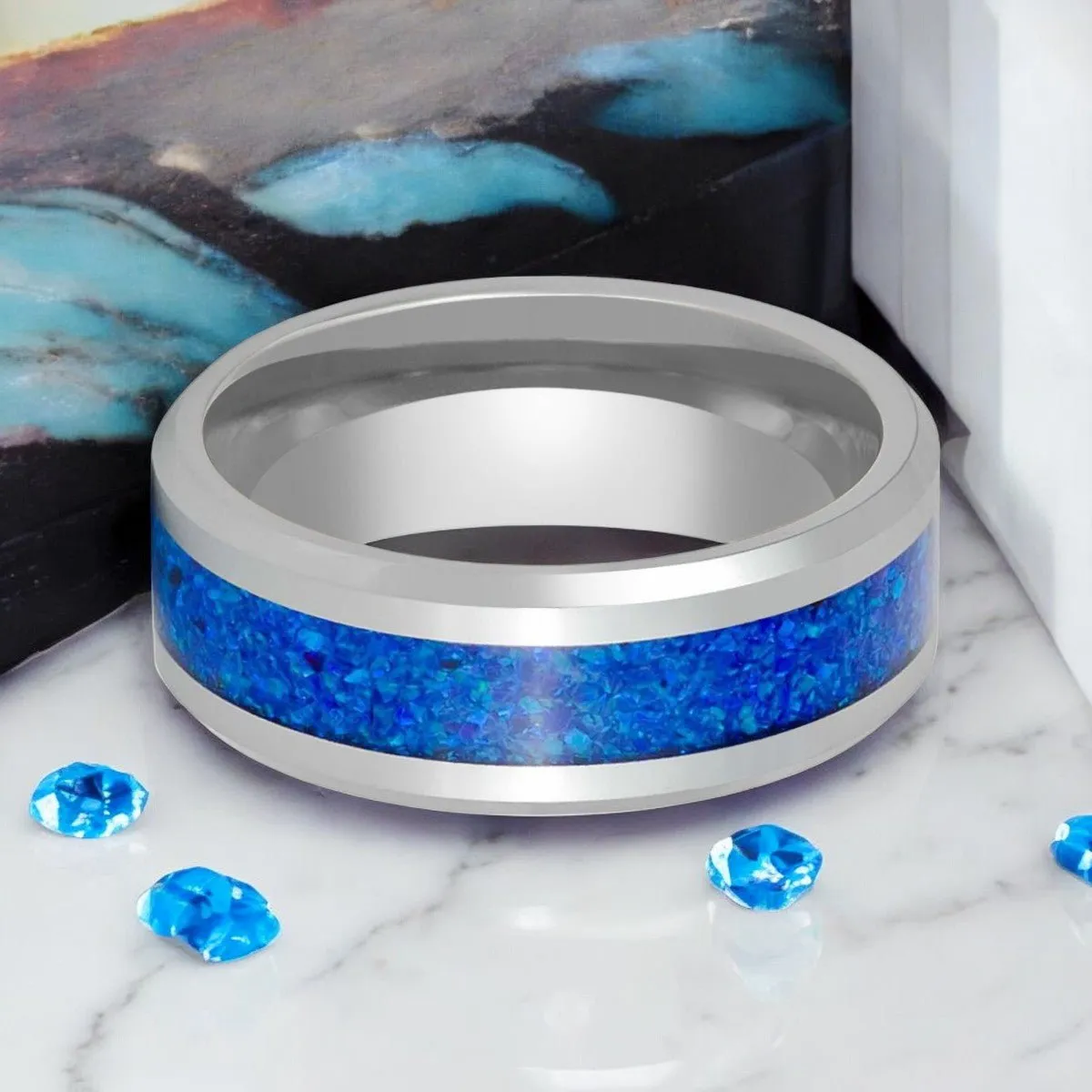 LUNARA | Silver Tungsten Ring, Sleepy Lavender Opal Inlay, Beveled