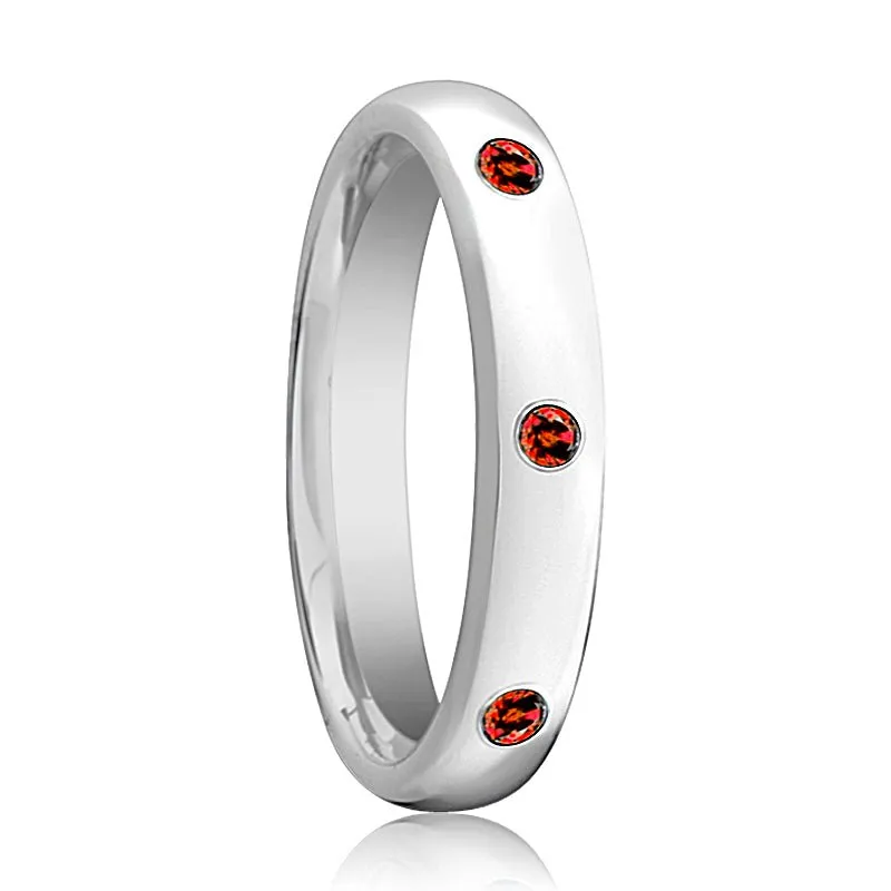 MAERA | Womens Tungsten Ring, 3 Red Rubies Setting, Domed