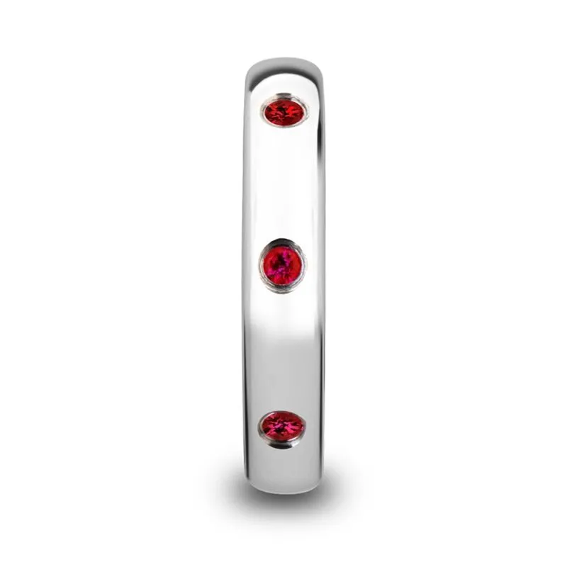 MAERA | Womens Tungsten Ring, 3 Red Rubies Setting, Domed