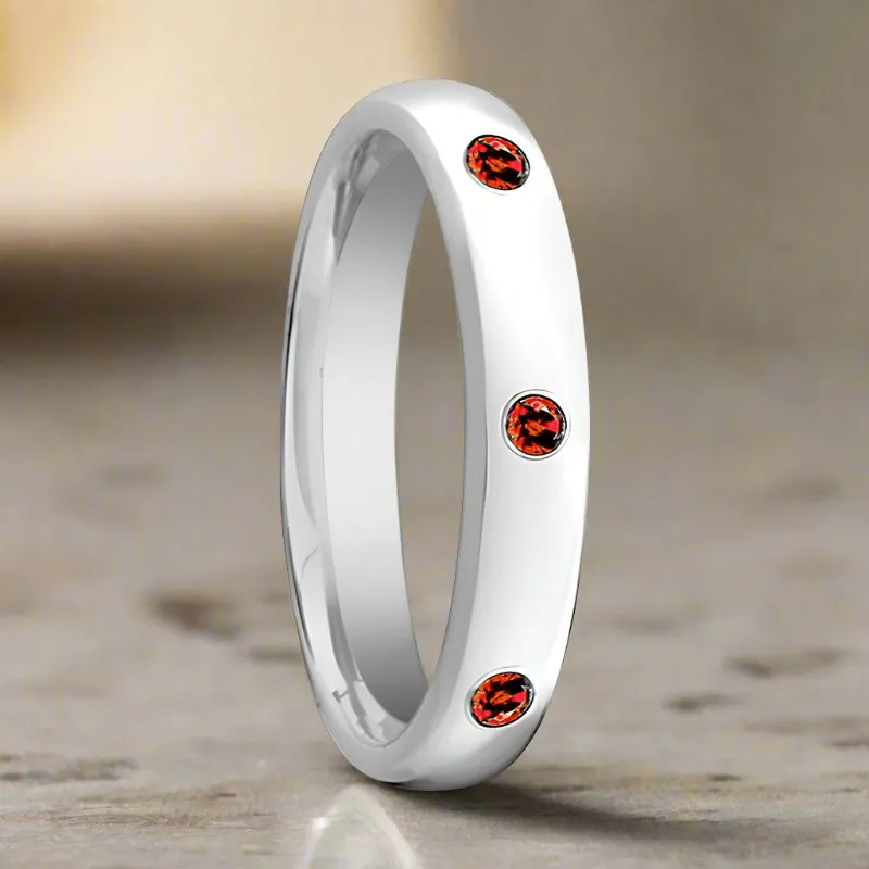 MAERA | Womens Tungsten Ring, 3 Red Rubies Setting, Domed