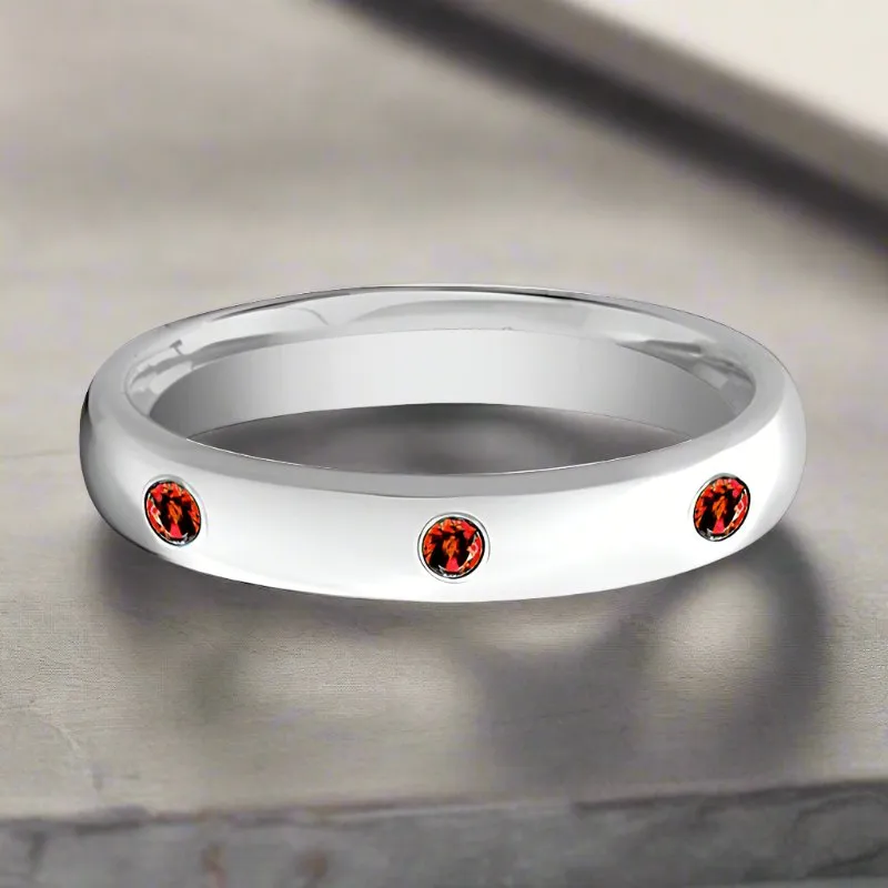MAERA | Womens Tungsten Ring, 3 Red Rubies Setting, Domed