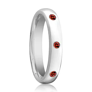 MAERA | Womens Tungsten Ring, 3 Red Rubies Setting, Domed