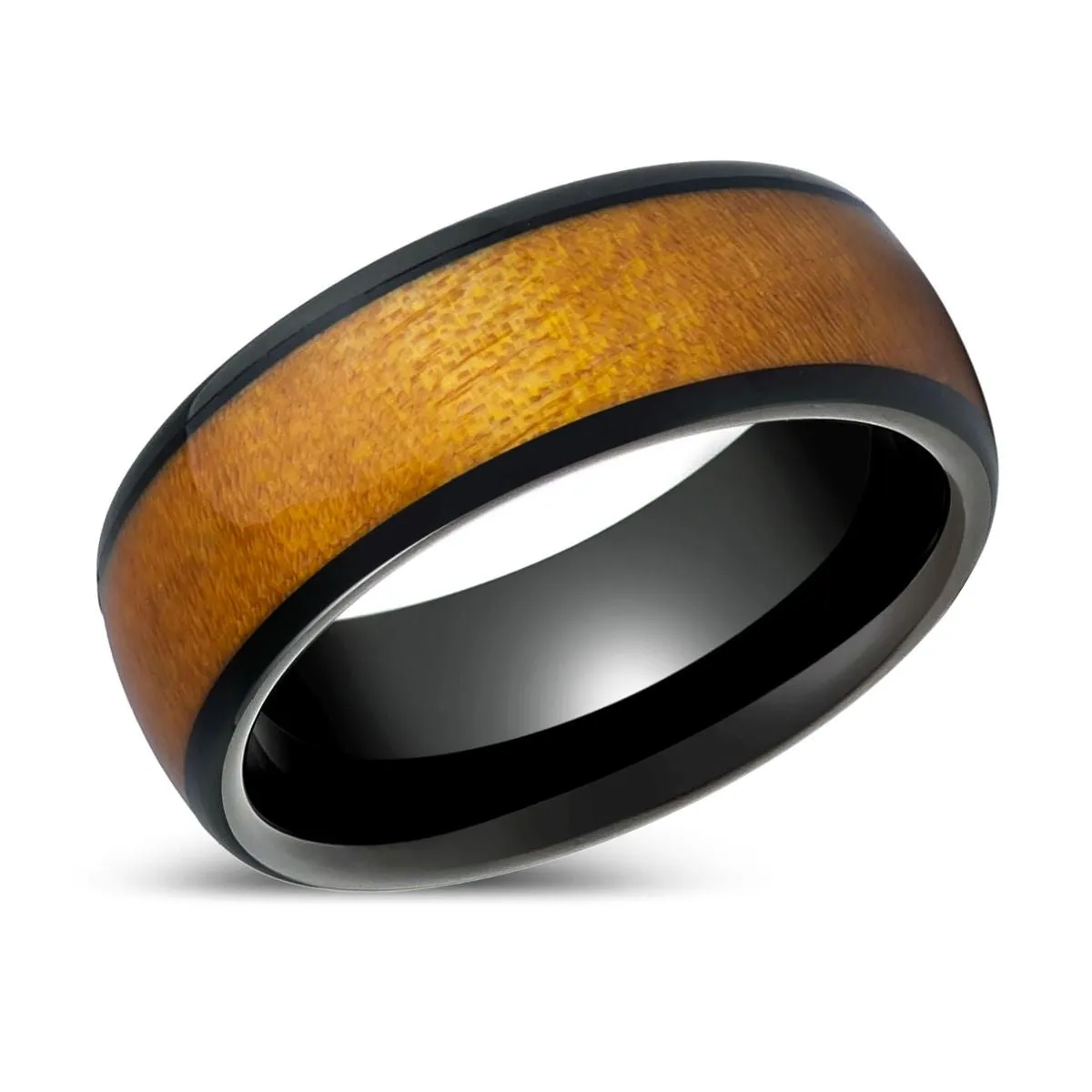MARCO | Black Tungsten Ring, Hue Solidified Wood, Domed