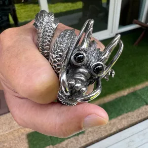 Massive Black Eye Dragon Sterling Silver Biker Ring