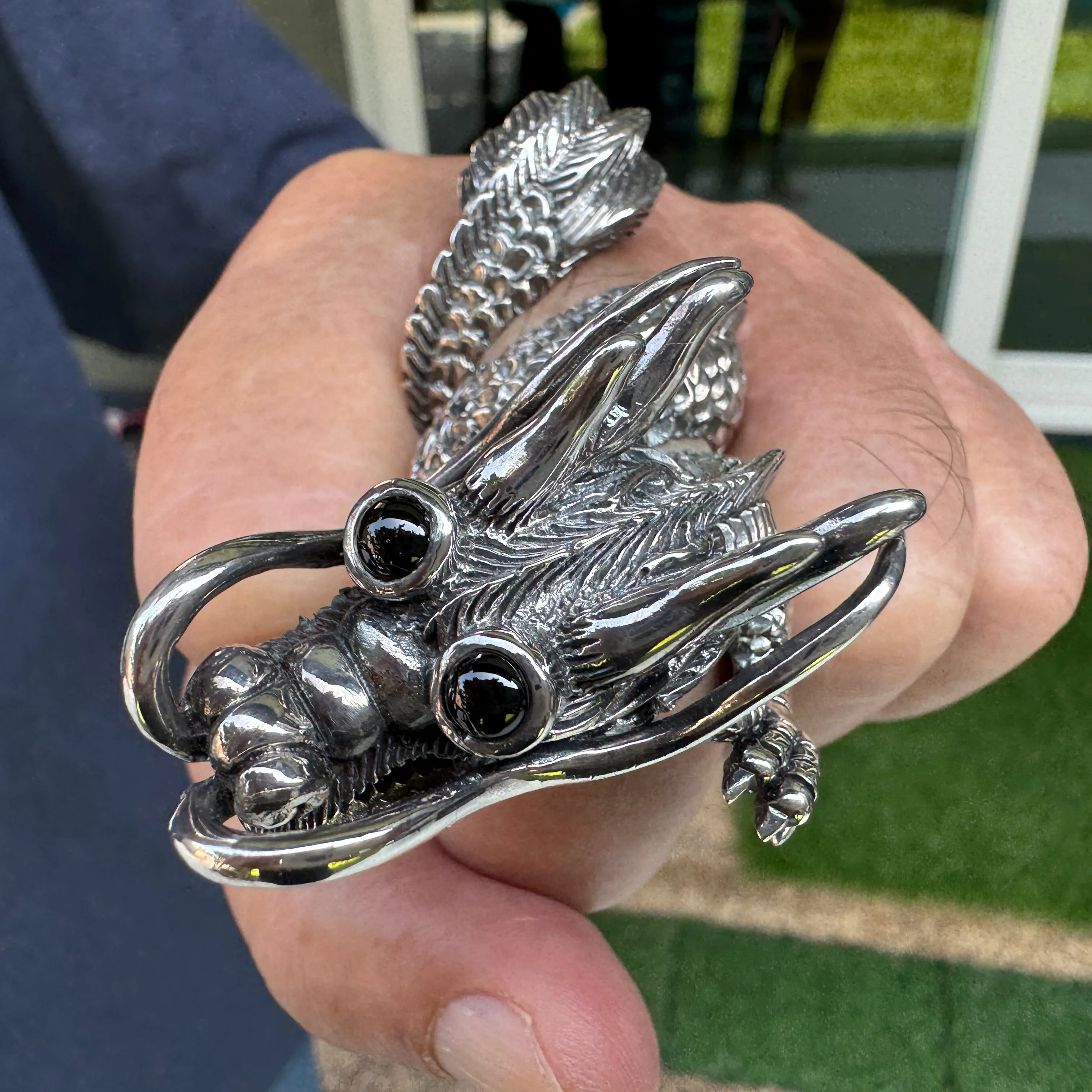 Massive Black Eye Dragon Sterling Silver Biker Ring
