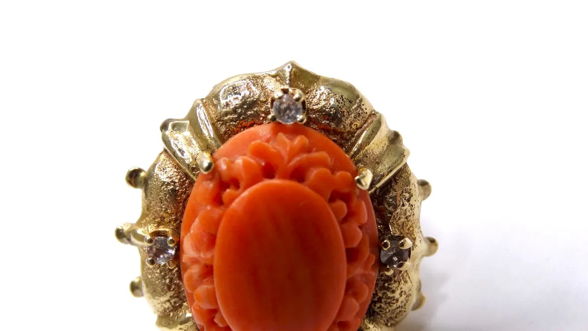 Mediterranean Coral 14k Gold Cocktail Ring with Diamonds
