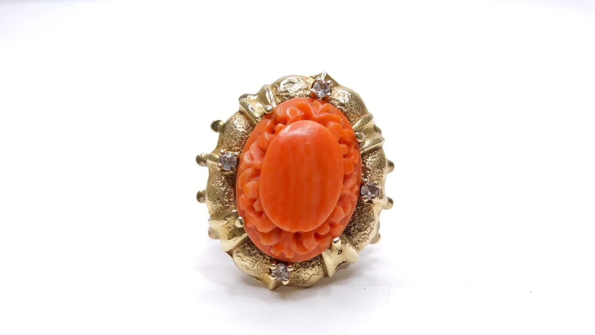 Mediterranean Coral 14k Gold Cocktail Ring with Diamonds